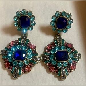 Heidi Daus Blue & Pink 2.5” Dangle Earrings Omega Pierced Signed